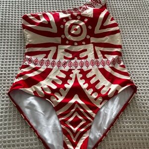 Red & White Patterned One-Shoulder Swimsuit Women's Large Geometric Tribal Print